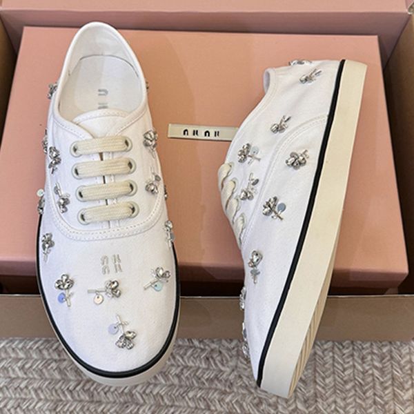 

Women New Arrivals Embroidered drill sneakers Malt Beige sparkling floral embellishment Designer canvas Casual sports shoes ventilate Novelty flat shoes, Embroidered drill sneakers#3