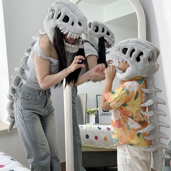 

Chinese Dinosaur Skeleton Plush Headgear Hat Cosplay Prop Toy for Kids Adults Birthday Gift, Gray