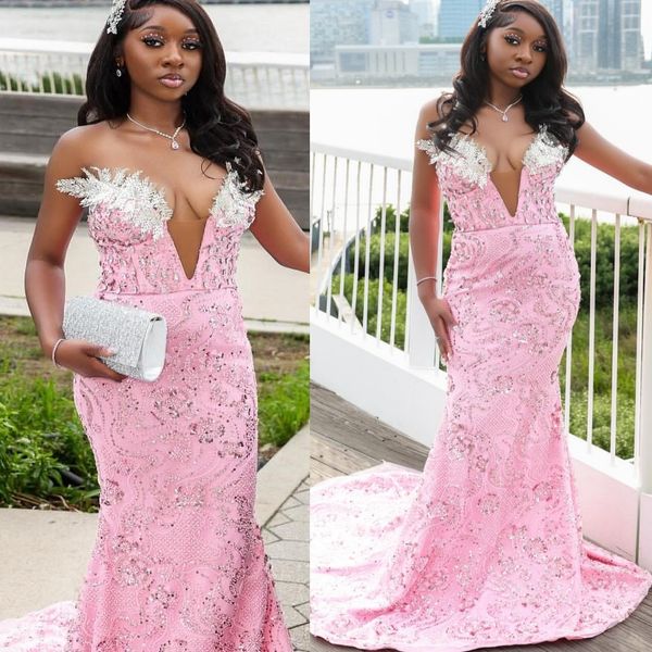 

Aso Ebi Pink Prom Dress 2026 Mermaid Prom Dress Crystals Floral Sequined Lace Sparkly Evening Dress Sequined Birthday Formal Women Pageant Party Gowns ZJ086, White