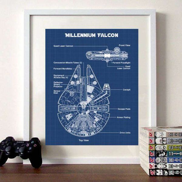 Diagram Art Poster Space Wars Prints Millennium Falcon Blueprint Canvas Painting Boys Room Sci-Fi Wall Decor (No picture frame 26W0317