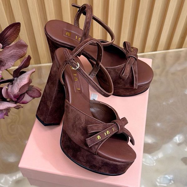 Suede platform sandals designer summer luxury womens bow leather outsole heel height 12cm lining with sign