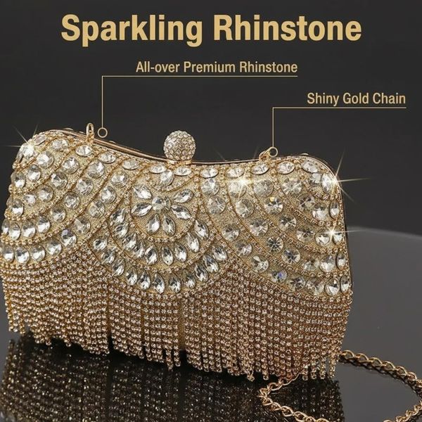 

Women's Luxury Rhinestone Evening Bag Tassel Fringe Clutch Purse with Top Handle for Wedding Party Prom Formal Events, Gold