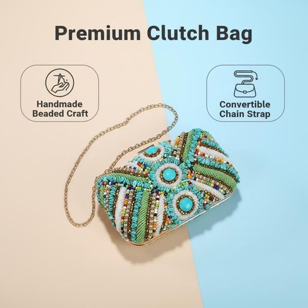 

Women's Luxury Bohemian Beaded Evening Clutch Turquoise Gemstone Embellished Handbag for Wedding Prom Formal Events, Bead-evn-multi