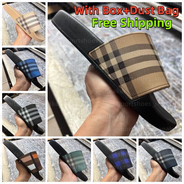 

Free Shipping Designer Sandals Check Slides Vintage Printing Tartan Slippers Sliders Mens Women Furley Archive Summer Beach Beige Print Embossed Slide Shoe 35-46, #4