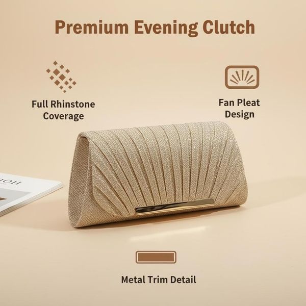 

Women's 2026 New Luxury Glitter Pleated Evening Clutch Shimmering Foldover Chain Shoulder Bag for Wedding Prom Formal Events, Silver