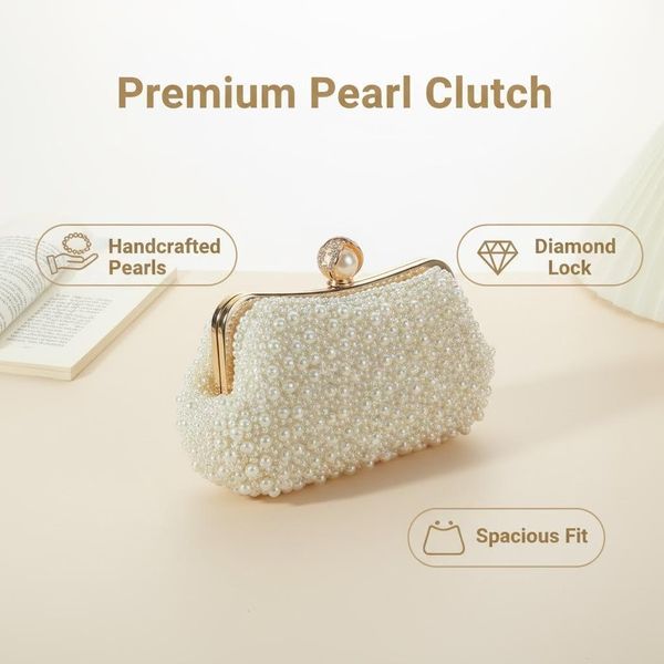 

Women's Luxury Handmade Pearl Beaded Evening Clutch Rhinestone Pearl Clasp Bridal Handbag for Wedding Prom Formal Party Events, White