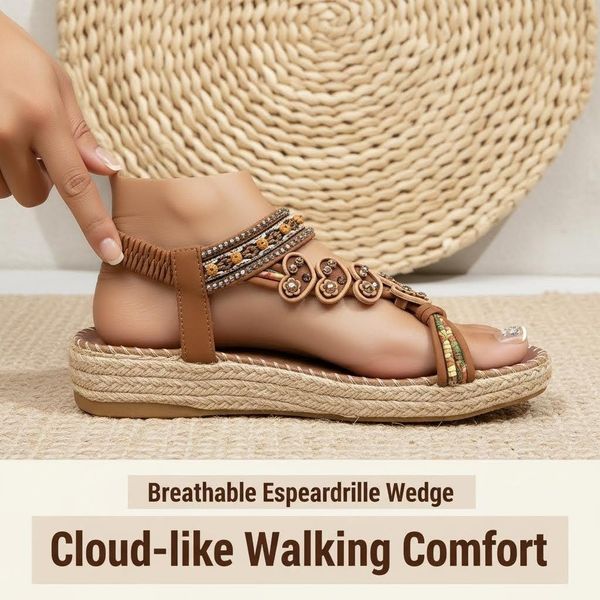 

Women's Vintage Bohemian Beaded Flip Flops Crystal Heart T-Strap Flat Sandals Lightweight Summer Beach Vacation Casual Shoes, Black