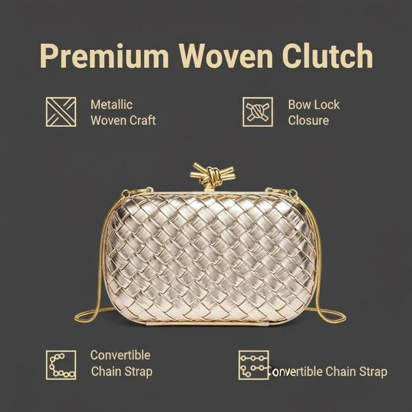 

Women's Luxury Woven Evening Clutch Bag Mini Box Purse with Knot Clasp Chain Strap for Wedding Party Formal Events, Pink