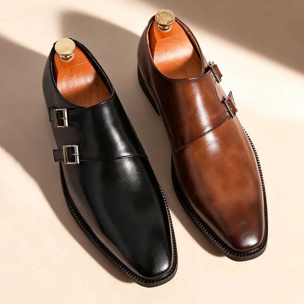 Classic Retro Dress Mens Monk Leather Shoes With Pointed Toe Buckle Business Office Wedding Comfortable Mens Oxfords ShoesZ260317