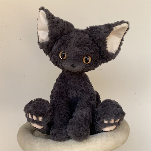 

Product Title: Cool Black Devon Rex Cat Plush Toy, Big Ear Stuffed Doll, Healing Companion Pillow, Curly cat - green eyes