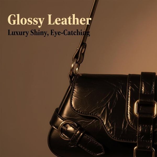 

Women's 2026 New Moto Style Biker Shoulder Bag Vintage Wrinkled Leather Underarm Bag with Buckle Decor for Streetwear Night Out, Black