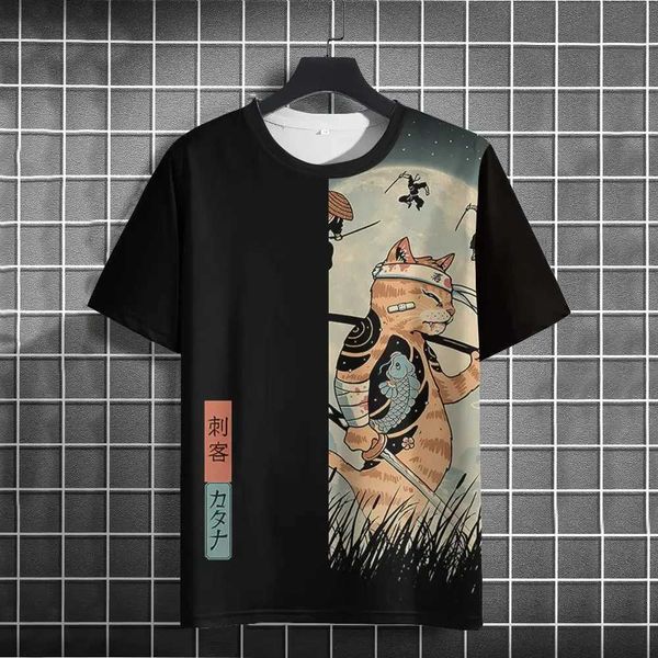 Versatile mens summer cat print comfortable and breathable round neck T-shirt outdoor fashionable casual top J260318