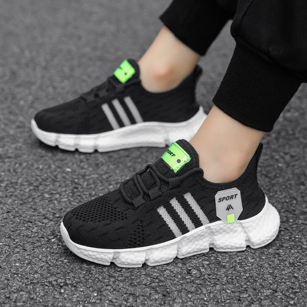 

Free Shipping Kids Sport Sneakers Breathable Knit Running Shoes Striped Design Boys Girls Lightweight Non-Slip Athletic Walking Shoes Outdoor Trainers, Black