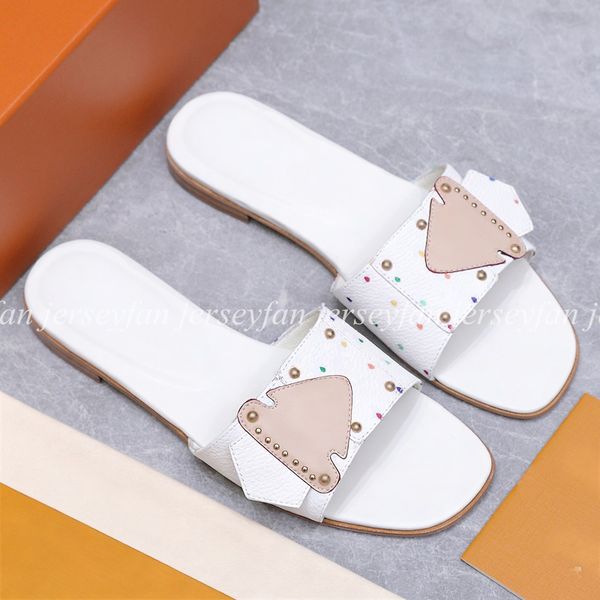 

Women Slide Sandals Print/Embossed Flower Letter Slippers with Decorative Strap & Metal Accents for Casual Daily & Beach Wear 34845, #1 white printing slippers