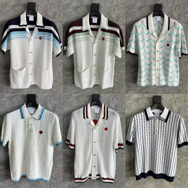 

Men Designer Summer Casual Knitted Shirts Loose Button Up Jackets Embroideried Short Sleeve Vacation Polos Beach Shorts, Silver