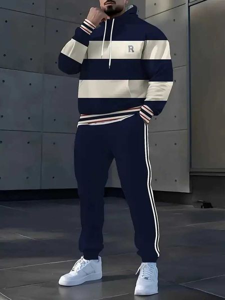 The new mens set for Spring and Autumn 2025 features a casual fashionable comfortable and soft 3D striped pattern print a01 M260320