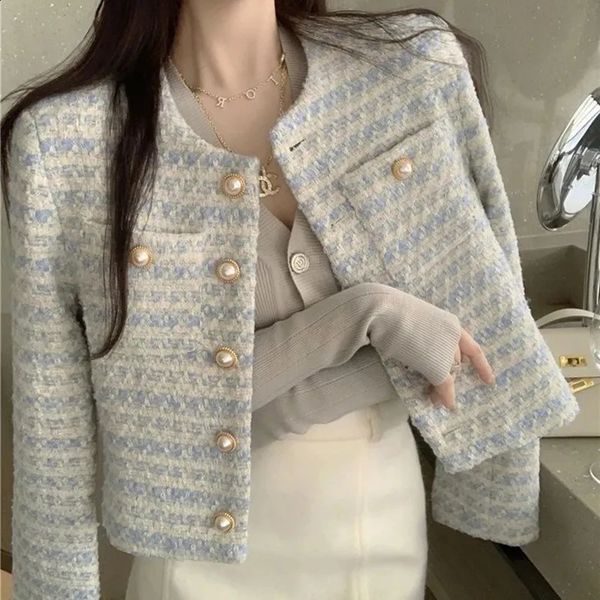 MEXZT Vintage Cropped Jackets Women Korean Tweed Striped Short Coat Spring Autumn Elegant Loose Casual All Match Outwear Tops 260319