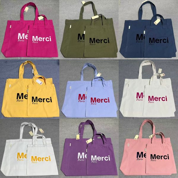 

Merci 2 Sizes Flocked Shopping Bag Solid Color Printed Cotton Casual Tote Bag MERCI Shoulder Carry Hand Totes, Silver