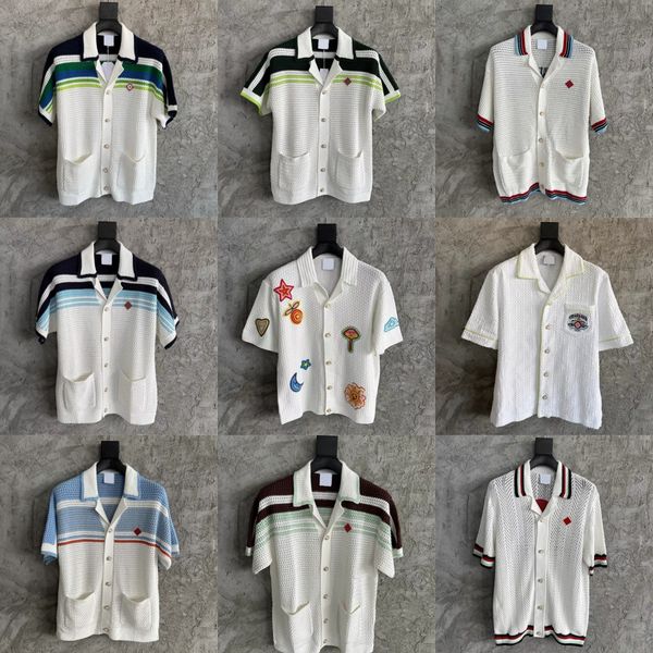 

26ss Casabalnc High Quality Designer Summer Knit Short Sleeve Polo Shirts Men Letter Embroidery Vintage Lapel Button Casual Loose Knitted Cardigan Sweater Tops tn, Lightyellow