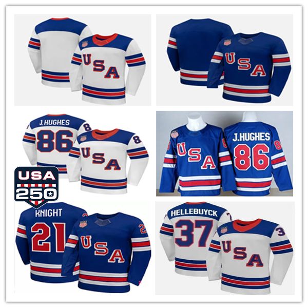 

86 Jack Hughes 2026 Olympices Team USA Hockey Jersey 21 Hilary Knight 37 Hellebuyck Sticthed White Blue Uniform, Men blank blue