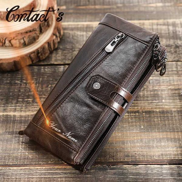 Contacts Name Engraving Genuine Leather Wallet Men Zipper Capacity Male Long Money Purse Phone Pocket Card Holder New Portfel H260323