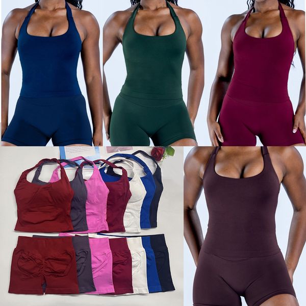 

two pieces Halterneck yoga outfits impact Halter Top matching shorts Sports gym clothes women Tanks Women Workout sets Fitness Gym Outdoor Running Tank Tops sets, Espresso