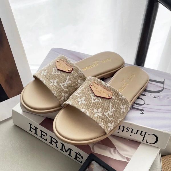 

new cowboy flat slippers designer shoes designer sandals women old flower brown sandals summer beach slides genuine leather sandals classic designer shoe size 35-42, Grey