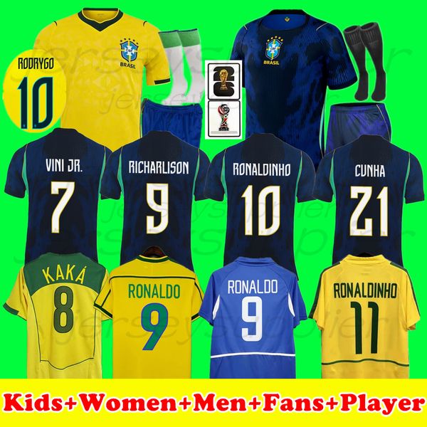 

2026 World Cup kit maillot Brazil enfant Kids Vini Jr Soccer Jerseys Neymar Jr Raphinha Camisa de futebol PELE RIVALDO 94 98 RONALDO 02 RONALDINHO KAKA Vintage Jersey, Black