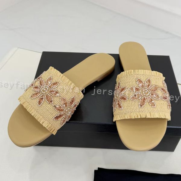 

Summer Slide Sandals for Women Beaded Floral Embellished Raffia Fringe Flats 34493, #3 off-white