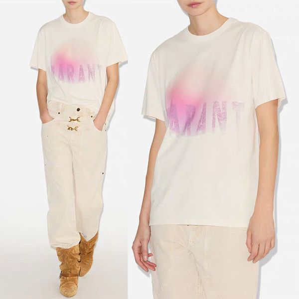 

26ss Isabmarants New Niche Luxury Designer Summer Soft Cotton T-shirt Letter White Ink Digital Print Round Neck Womens Short Sleeve Loose Pullover Beach Tees Tops tn, Silver