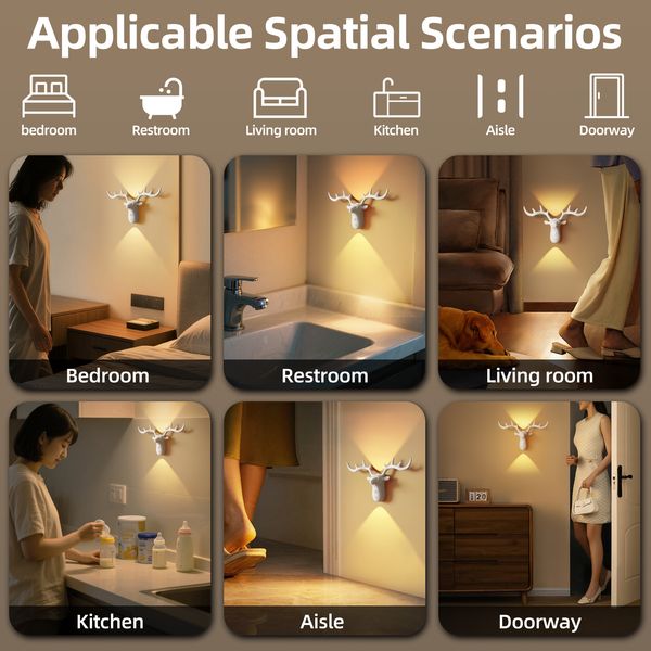 

Creative Deer Head Magnetic Wall Lamp Rechargeable Motion Sensor Punch Free Decorative Night Light For Bedroom Hallway