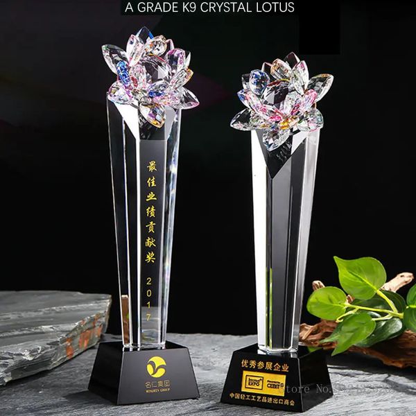 Colorful Lotus Shaped Crystal Trophy Customized Lettering Enterprise Staff Award Home Decor Gifts High-grade 260326