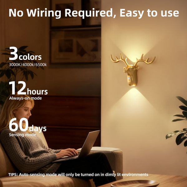 

Deer Head Wall Lamp Magnetic Rechargeable Motion Sensor LED Night Light for Bedroom Hallway