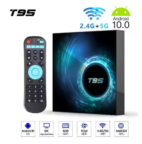 2026 T95 Android TV Box Android 10.0 OS 4GB 128GB Media Player Support H.265 Dual Wifi BT5.0 Set Top Box Allwinner H616 4K 3D