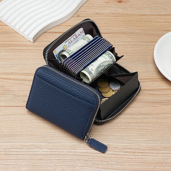 Cross-Border Multifunctional Genuine Leather Accordion Holder Card Clip RFID Cowhide Japanese Style Women's Multi-Card Slot Coin Purse
