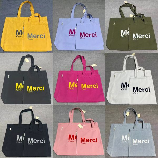 

Merci Women Designer Shopping Bags Daily Outfit Shoulderbags Paris Fashion Cotton Tote Bag MERCI 2 Sizes Bags, Khaki