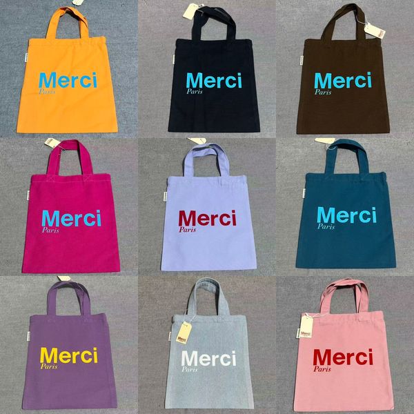 

Merci Paris Cotton Tote Bags Summer Travel Color Vacation Shoulder Bag Versatile Classical MERCI Shopping Bag, As shown in figure 01