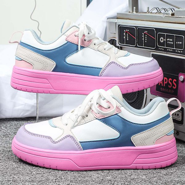 

Kids Teen Women Men Pastel Color Block Platform Sneakers Casual Fashion PU Leather Walking Shoes Breathable School Daily Shoes Free Shipping, Peach red