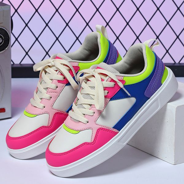

Kids Teen Girls Boy Color Block Platform Sneakers Breathable PU Leather Casual Walking Shoes Fashion School Shoes Students Daily Wear Street Style Men and women, Pink blue magenta red