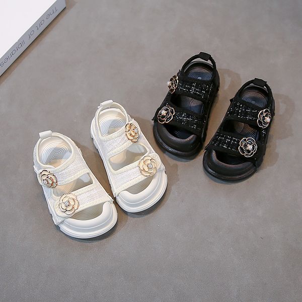 

2026 Trendy Toddler Girls Sandals Camellia Flower Decor Double Hook Loop Non-Slip Summer Shoes for Kids Style Chic Summer Fashion Free shipping Size27-38, White