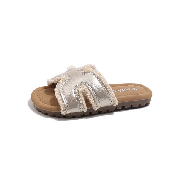 

Toddler Girls Summer Slides Comfortable Soft Sole Trendy H-shaped Fringe Sandals Outdoor Indoor Shoes Kids summer outfits Free shipping, Silver