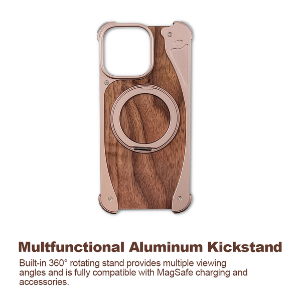 

Luxury Walnut Wood MagSafe Case with Built-in Aluminum Swivel Stand for iPhone 15 pro /15 pro Max, Black