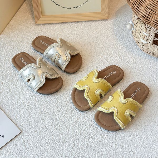 

2026 Trendy Fashion Kids Girls Slides H Shape Fringe Design Open Toe Girls Sandals Non-Slip Soft Summer toddler walking shoes Free shipping, Yellow
