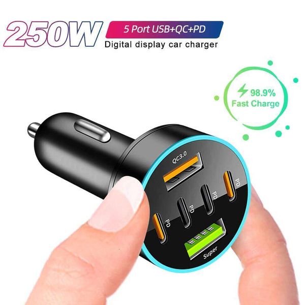 250W 8/6 Ports Fast Charging PD QC3.0 USB Type C Auto Phone Charger Adapter in Car For iPhone Samsung Huawei Xiaomi