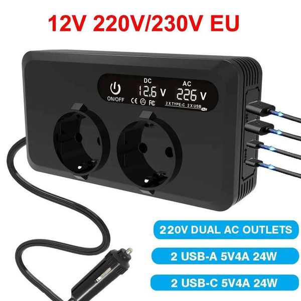200W DC 12V to AC 220V 230V Transformer Convert Type-C USB Fast Charging EU Socket Car Inverter Power Adapter