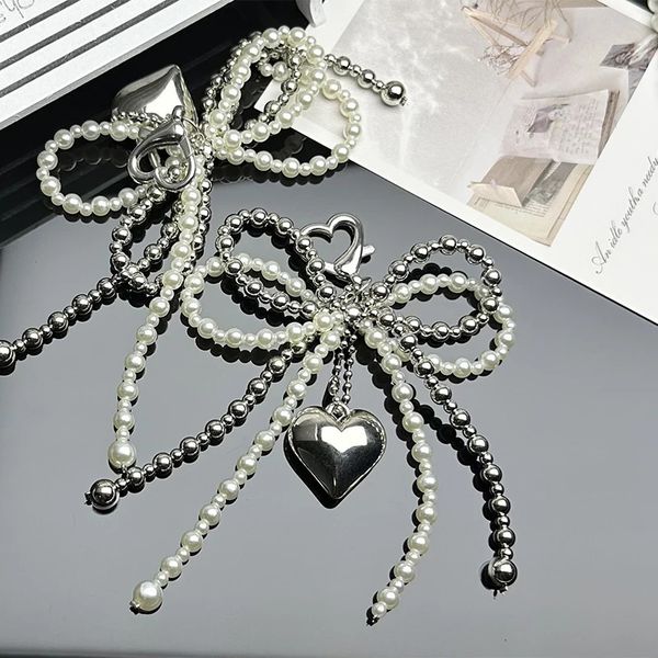 Sweet Bowknot Heart Keychain Pendant Lovely Beaded Hanging Decorations Keyring Charm Phone Lanyard Phone Charm Bag Pendant 260512