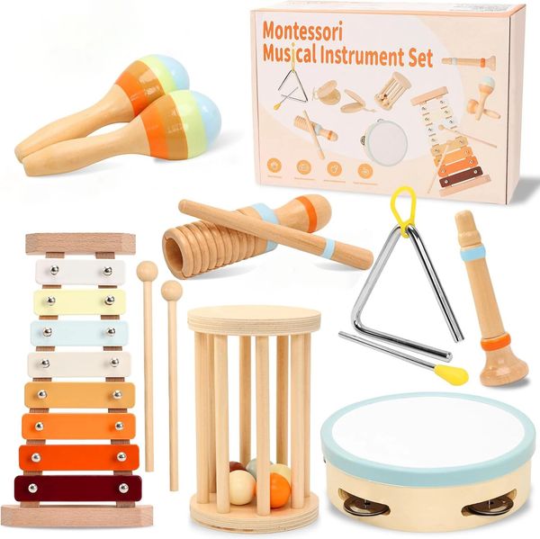 Baby Musical Instruments Wooden Toys Montessori Percussion Drut Set with Xylophone Preschool Educational Kids Gifts 260512