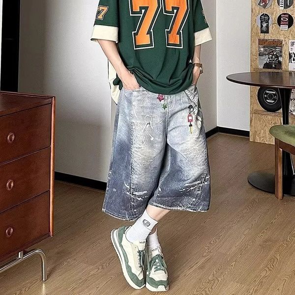 Mens Retro Bear 3D Printed Denim Shorts Hip Hop Fashion Straight Wide-leg Jorts High Street Y2K Baggy Bermuda Jeans 260511
