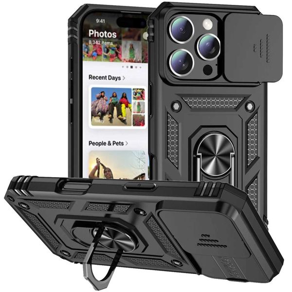 Ring Stand Rotating Slide Camera Lens Military Grade Armor Case for iPhone 17 16 E 14 13 12 11 15 Pro Max Plus Mini Cover L260519YFNM