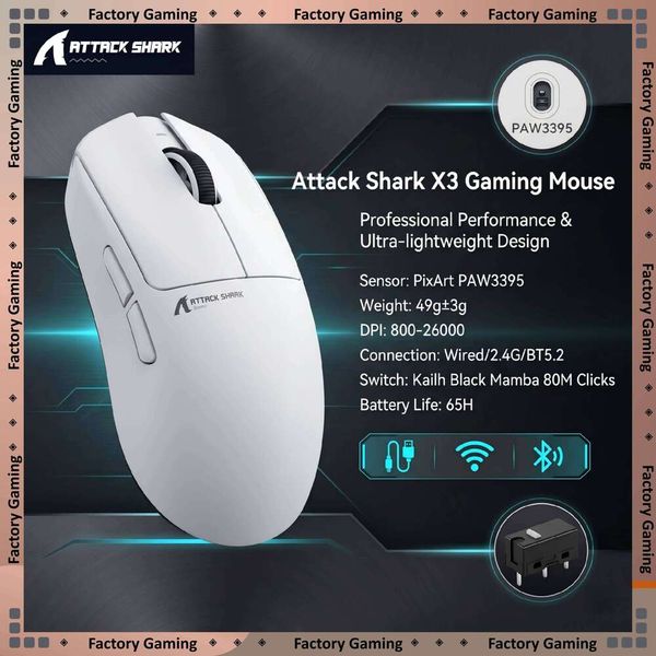 Attack Shark X3 49g Lightweight Gaming PAW3395 26000 DPI BT5.2 2.4G Wired 650IPS 50G 80M Clicks Mouse W260519